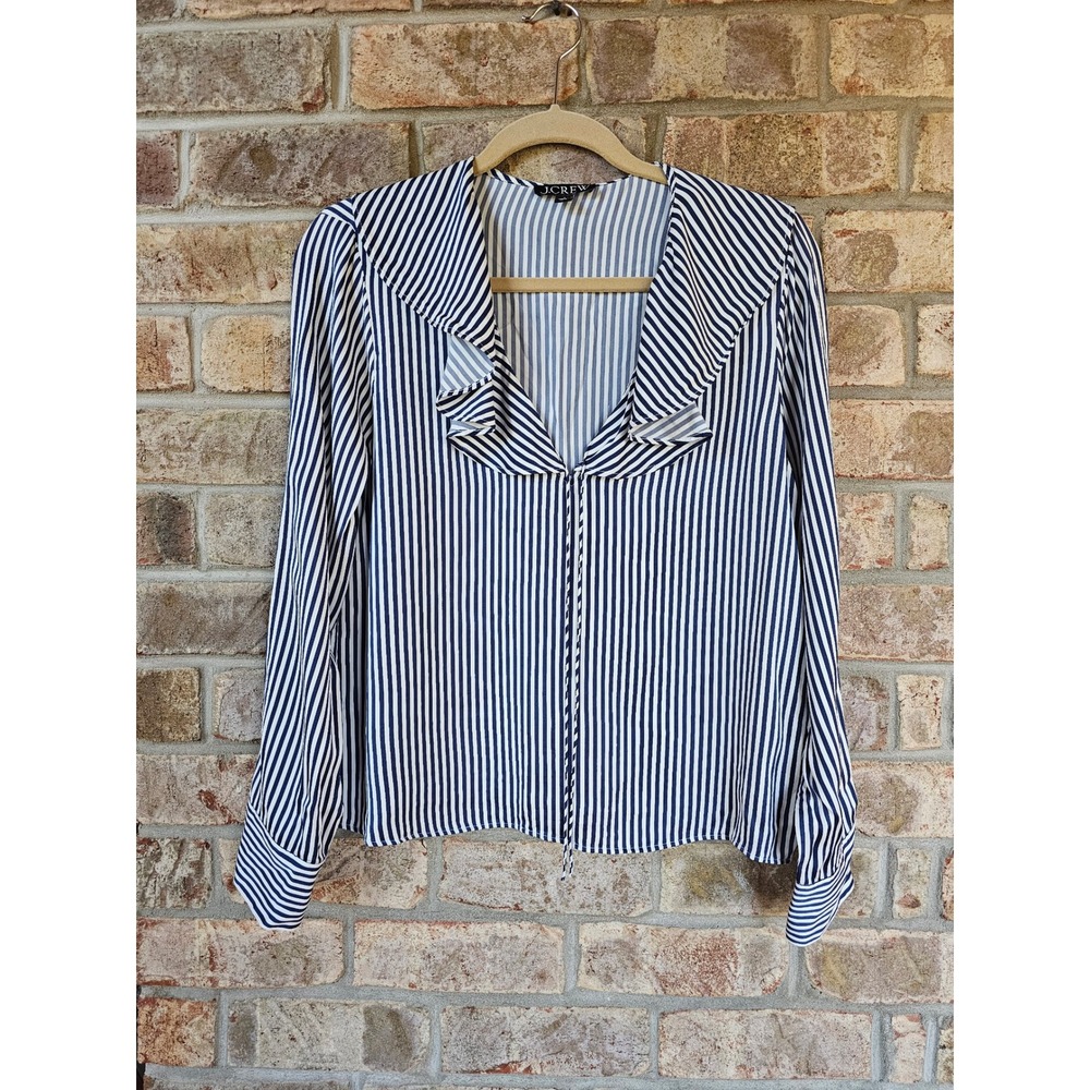 J. Crew S Goldie Top Ruffle Collar Satin Striped Blouse Long Sleeve Navy White